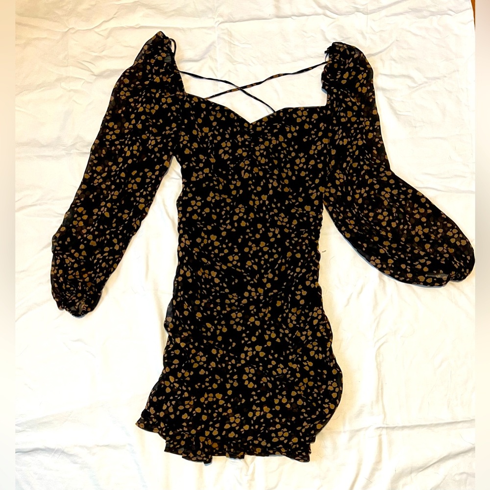 All in Favor Black Longsleeve Mini Dress with Lace-up Open Back, Medium